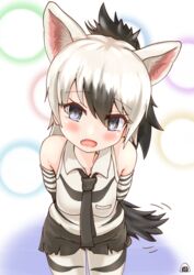  aardwolf_(kemono_friends) aardwolf_print animal_ears animal_print arms_behind_back bare_shoulders black_hair black_necktie black_shorts blue_eyes blush breast_pocket collared_shirt commentary_request elbow_gloves extra_ears eyes_visible_through_hair female gloves hair_between_eyes head_tilt high_ponytail highres kemono_friends leaning_forward long_hair multicolored_hair necktie oerba_yun_fang open_mouth pantyhose pantyhose_under_shorts piki_(zuru-pikio) pocket print_gloves print_pantyhose print_shirt shirt short_shorts shorts sleeveless sleeveless_shirt solo tail two-tone_hair white_hair wing_collar 