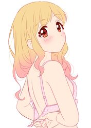  absurdres aikatsu!_(series) aikatsu_stars! arms_behind_back bad_id bad_twitter_id blonde_hair blush bra breasts closed_mouth dot_mouth dot_nose female from_side gradient_hair hair_over_shoulder highres looking_at_viewer looking_to_the_side multicolored_hair nijino_yume pink_bra pink_hair polka_dot polka_dot_bra red_eyes sekina simple_background small_breasts solo tying_bra underwear upper_body white_background 