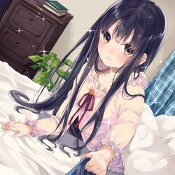  arm_support bed black_hair blush book brown_eyes chest_of_drawers closed_mouth clothes_grab collarbone commentary_request curtains dutch_angle female frills indoors long_hair long_sleeves looking_at_viewer original pajamas plant pov red_ribbon ribbon smile solo sparkle tamaki_iori 