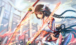  armor braids brown_eyes female female fire flame headdress katana kikivi long_hair looking_at_viewer original pixiv_fantasia red_eyes smile solo sword weapon 