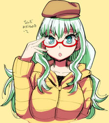  adjusting_eyewear anima_(samidare) aqua_eyes bespectacled breasts casual check_translation commentary_request female glasses green_hair hat hood hoodie hoshi_no_samidare large_breasts long_hair looking_at_viewer mizukami_satoshi open_mouth red-framed_eyewear semi-rimless_eyewear solo translation_request under-rim_eyewear yellow_background 