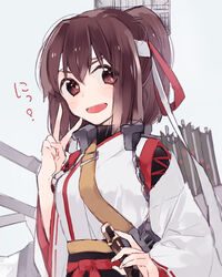  blush brown_hair commentary_request female hair_ribbon ise_(kancolle) ise_kai_ni_(kancolle) kantai_collection karomura looking_at_viewer open_mouth photoshop_(medium) ponytail ribbon short_hair simple_background smile solo upper_body v 