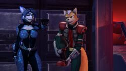  16:9 3d_(artwork) accessory anthro armor belly black_nose blue_body blue_fur blue_hair bodysuit boots breasts canid canine canon_couple clothed clothing digital_media_(artwork) duo eyebrows felid female fluffy fluffy_tail footwear fox fox_mccloud fully_clothed fur gloves green_eyes gun hair hair_accessory handgun handwear hi_res holding_gun holding_object holding_ranged_weapon holding_weapon humanoid_hands inside jacket jewelry krystal_(star_fox) lelnopem8 male mammal multicolored_body multicolored_fur nintendo on_one_leg one_eye_closed open_mouth open_smile orange_body orange_fur pistol ranged_weapon short_hair silver_(metal) silver_jewelry skinsuit smile source_filmmaker_(artwork) standing star_fox tail teeth tight_clothing topwear warfare_fox warfare_krystal warfare_machine weapon white_belly white_body white_fur white_hair widescreen wink 