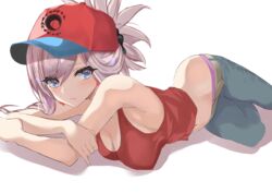  baseball_cap black_scrunchie blue_eyes breasts cleavage commentary_request crossed_arms earrings fate/grand_order fate_(series) female grey_hair grey_pants hair_between_eyes hair_ornament hair_scrunchie hat highres jewelry kesoshirou looking_at_viewer lying medium_breasts midriff miyamoto_musashi_(fate) miyamoto_musashi_(traveling_outfit)_(fate) navel panties pants panty_peek pink_panties red_hat red_shirt scrunchie shadow shirt simple_background sleeveless sleeveless_shirt solo stomach underwear white_background 