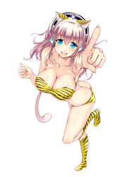  animal_ears animal_print ass bandeau bikini blue_eyes boots breasts brown_hair butt_crack cleavage commentary_request female fingernails foreshortening ganari_ryuu headset highres knee_boots large_breasts long_fingernails long_hair open_mouth original pointing shiny_skin skindentation smile solo standing standing_on_one_leg super_tama_musume swimsuit tail tamatoys tiger_ears tiger_print yellow_bikini 