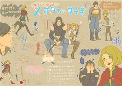  1boy arisen_(dragon&#039;s_dogma) blonde_hair blue_eyes boots campfire cloak colorized commentary_request dragon&#039;s_dogma dragon&#039;s_dogma_(series) female pawn_(dragon&#039;s_dogma) sangetsu thigh_boots thighhighs translation_request 