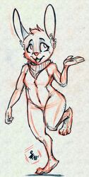  2018 anthro bianchi/caramel_(yourfavoritelemonade) big_ears feet female fur hi_res lagomorph leporid mammal nude rabbit raised_hand solo traditional_media_(artwork) yourfavoritelemonade 