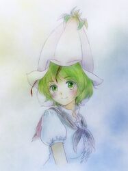  antennae bellflower blush capelet center_frills closed_mouth collared_shirt commentary_request female flower flower_hat frills green_eyes green_hair hat highres looking_at_viewer puffy_short_sleeves puffy_sleeves q-bee_(aaru) shirt short_sleeves smile solo touhou traditional_media upper_body white_flower white_hat white_shirt wriggle_nightbug 