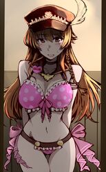  bikini blush breasts brown_eyes brown_hair cleavage commentary_request cosaten female granblue_fantasy hat large_breasts lecia_(granblue_fantasy) lecia_(summer)_(granblue_fantasy) long_hair peaked_cap pink_bikini polka_dot polka_dot_bikini solo swimsuit thigh_gap 