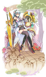  :t bare_shoulders belt blush braid breasts commentary elbow_gloves female flower gloves grabbing hair_ornament high_heels highres large_breasts light_valkyrie_(p&amp;d) long_hair mouth_hold ohland photoshop_(medium) pout puzzle_&amp;_dragons red_eyes rose shynee_(p&amp;d) silver_hair sitting solo stab sweatdrop sword thighhighs tree valkyrie_(p&amp;d) very_long_hair weapon 