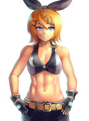  abs bare_shoulders belt black_star_(module) blonde_hair blue_eyes commentary_request crop_top female fingerless_gloves frown gloves hair_ornament hair_ribbon hairclip kagamine_rin looking_at_viewer midriff navel project_diva_(series) project_diva_extend ribbon short_hair solo toned vocaloid yilx 