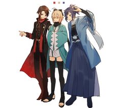  2boys ahoge black_hair black_thighhighs blonde_hair blue_eyes bow brown_hair coat commentary_request crossover fate/grand_order fate_(series) female hairbow hakama hakama_skirt hand_on_another&#039;s_shoulder hands_in_opposite_sleeves haori highres japanese_clothes kashuu_kiyomitsu kimono koha-ace multiple_boys nail_polish okita_souji_(fate) okita_souji_(koha-ace) pointing ponytail red_eyes red_nails sandals scarf shinsengumi short_kimono skirt smile tabi thighhighs touken_ranbu tsugutoku yamato-no-kami_yasusada yellow_eyes 