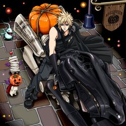  1boy blonde_hair blue_eyes cloud_strife final_fantasy final_fantasy_vii gloves guernica moogle motor_vehicle motorcycle pumpkin sitting vehicle 