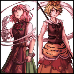  2girls bandages bishamonten&#039;s_spear blonde_hair chains commentary_request cuffs ibaraki_kasen md5_mismatch mefomefo monkey_paw multicolored_hair multiple_girls photoshop_(medium) pink_eyes pink_hair polearm serious shackles shirt short_hair skirt sleeveless spear streaked_hair tabard toramaru_shou torn_clothes torn_sleeves touhou weapon yellow_eyes 