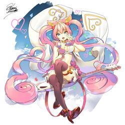  animal_ears bad_id bad_pixiv_id breasts cat_ears cat_tail female guitar hair_ornament heart heart_hair_ornament high_heels instrument koyoi_mitsuki large_breasts long_hair navel open_mouth pink_hair rosia_(show_by_rock!!) show_by_rock!! signature sitting smile solo tail thighhighs twintails very_long_hair 