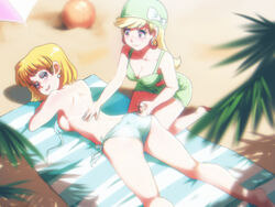  2girls beach bikini blonde_hair blurry bottle bow breasts brown_eyes cleavage commentary_request depth_of_field dimples_of_venus earrings hat jcm2 jewelry kneeling leni_loud looking_back lori_loud lotion lying makeup medium_breasts multiple_girls on_stomach sand shoulder_blades side-tie_bikini_bottom sideboob smile striped sunlight sunscreen swimsuit the_loud_house tree_shade untied_bikini 