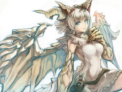  blonde_hair blue_eyes breasts claws commentary_request dragon_girl dragon_horns dragon_wings dress female horns large_breasts monster_girl myr_(p&amp;d) photoshop_(medium) puzzle_&amp;_dragons short_hair shouma_(bravespiritya) sideboob solo wings 