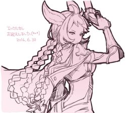  ahoge animal_ears bad_id bad_twitter_id braid cape dated erune female finger_on_trigger from_behind granblue_fantasy gun hair_intakes holding holding_gun holding_weapon limited_palette long_hair looking_back pink_theme quad_braids sherad shoboon simple_background solo tien_(granblue_fantasy) translation_request weapon white_background 