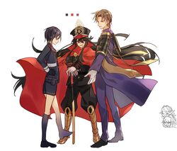  4boys armor black_gloves black_hair black_socks brown_hair cape commentary_request crossover fate/grand_order fate_(series) female fudou_yukimitsu gloves hand_on_own_hip hat heshikiri_hasebe highres japanese_armor katana kneehighs koha-ace military military_uniform multiple_boys oda_nobunaga_(fate) oda_nobunaga_(koha-ace) purple_eyes red_eyes shako_cap sheath sheathed shorts shoulder_armor smile socks sode souza_samonji sword touken_ranbu tsugutoku uniform weapon white_gloves yagen_toushirou 