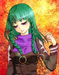  blush braid breasts commentary_request denkosekka_aa female green_hair hair_ornament head_tilt long_hair looking_down looking_to_the_side mega_man_(series) mega_man_battle_network_(series) mega_man_battle_network_1 miyu_(mega_man) patterned_background purple_eyes solo turtleneck twin_braids upper_body 