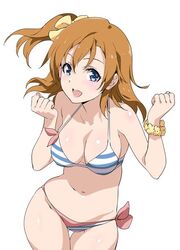  :d ass_visible_through_thighs bikini blue_eyes bow commentary_request cowboy_shot female hairbow inue_shinsuke kosaka_honoka love_live! love_live!_school_idol_project navel one_side_up open_mouth orange_hair scrunchie side-tie_bikini_bottom simple_background smile solo striped_bikini striped_clothes swimsuit thigh_gap white_background wrist_scrunchie 