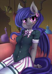  2016 accessory anthro atane27 bat_pony bat_wings biped blue_hair blush bow_(feature) bow_accessory bow_ribbon clothed clothing digital_media_(artwork) dusk_rhine equid fan_character female fully_clothed furniture hair hair_accessory hair_ribbon hairbow hasbro inside legwear long_hair looking_at_viewer mammal membrane_(anatomy) membranous_wings my_little_pony purple_eyes ribbons school_uniform shaded sitting smile sofa solo thigh_highs uniform wings 