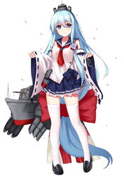  absurdly_long_hair absurdres allenes black_footwear blue_bow blue_eyes blue_hair blue_ribbon blue_skirt bow cannon cherry_blossoms closed_mouth commentary_request detached_sleeves dress female flower full_body hair_between_eyes hair_flower hair_ornament headgear highres large_bow light_smile loafers long_hair looking_at_viewer low-tied_long_hair machinery miniskirt neckerchief official_art petals pleated_skirt red_bow ribbon rigging sailor_collar sailor_dress shirayuki_(mod)_(warship_girls_r) shirayuki_(warship_girls_r) shirt shoes simple_background skirt smokestack solo standing thighhighs torpedo turret very_long_hair warship_girls_r white_background white_shirt white_thighhighs wide_sleeves zettai_ryouiki 