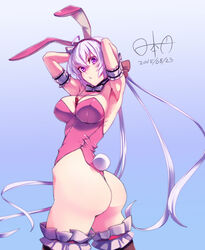  :o ahoge animal_ears arms_behind_head arms_up ass bad_id bad_pixiv_id between_breasts bow bowtie breasts cleavage commentary_request cowboy_shot dated fake_animal_ears female frills gradient_background highres hinomoto_madoka large_breasts long_hair looking_back pink_hair playboy_bunny purple_eyes rabbit_ears rabbit_tail senki_zesshou_symphogear signature solo tail thighhighs thighs twisted_torso very_long_hair yukine_chris 