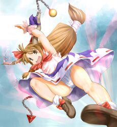  blush_stickers brown_eyes brown_hair chains flying_kick highres horn_ribbon horns ibuki_suika kasuga_yukihito kicking long_hair low-tied_long_hair motion_lines open_mouth panties revision ribbon rider_kick skirt solo touhou underwear upskirt white_panties 