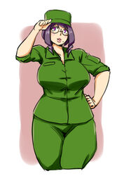  female glasses lips military_uniform mole original purple_eyes purple_hair short_hair simple_background stand thick_thighs 