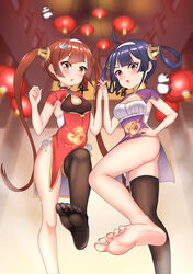  2girls ahoge azur_lane barefoot blue_hair blush brown_eyes brown_hair chinese_clothes cleavage feet hair_ornament highres interlocked_fingers long_hair looking_at_viewer multiple_girls ning_hai_(azur_lane) parted_lips ping_hai_(azur_lane) pink_eyes pov pov_feet purple_hair sheer_legwear single_sock sisters soles toes twintails 