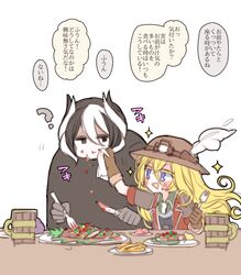  2girls :d :t ? bad_id bad_pixiv_id black_cape black_eyes black_hair blonde_hair brown_gloves brown_hat cape cup eating eye_contact food food_on_face fork gloves hat hat_feather helmet holding holding_fork holding_knife jitome knife long_hair looking_at_another lyza_(made_in_abyss) made_in_abyss mamaloni mug multicolored_hair multiple_girls open_mouth ozen pac-man_eyes pith_helmet plate purple_eyes short_hair simple_background smile sparkle translation_request two-tone_hair white_background white_hair wiping_face 