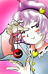  blush_stickers commentary_request female grin highres komeiji_satori meme nihyaku_kairi purple_eyes purple_hair short_hair smile solo string_play_spider_baby_(meme) third_eye touhou wavy_mouth zun_(style) 