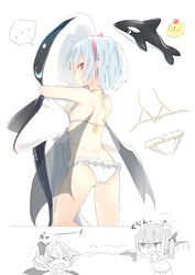  &gt;_&lt; 2girls :d ass bat_wings bikini blue_hair commentary_request flandre_scarlet hair_ribbon hugging_object inflatable_orca inflatable_toy kojiki-life micro_bikini multiple_girls open_mouth red_eyes red_ribbon remilia_scarlet ribbon rubber_duck short_hair siblings sisters smile standing swimsuit touhou transparent_wings water_gun white_bikini wings xd 