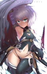  ass_visible_through_thighs bandages black_panties black_thighhighs breasts bu_li chinese_commentary cleavage_cutout clothing_cutout commentary_request fate/apocrypha fate_(series) female gloves green_eyes grey_hair jack_the_ripper_(fate/apocrypha) looking_at_viewer navel panties reverse_grip scar short_hair small_breasts solo stitches thighhighs typo underwear weapon white_hair 