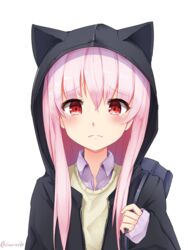  animal_hood arm_up bag black_hoodie blush carrying_over_shoulder cat_hood commentary_request danraz0r female frown grey_sweater_vest hair_between_eyes highres holding_strap hood hoodie long_hair looking_at_viewer mixed-language_commentary open_clothes open_hoodie original pink_hair purple_shirt red_eyes school_bag shirt sidelocks simple_background sleeves_past_wrists solo sweater_vest tareme twitter_username upper_body white_background 