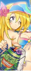  beach bikini blonde_hair breasts dark_magician_girl duel_monster female gradient gradient_background green_eyes long_hair looking_at_viewer pot_of_greed smile swimsuit wink yu-gi-oh! yuu-gi-ou_duel_monsters 