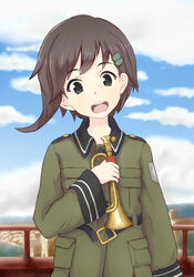  :d aki_inu asymmetrical_hair belt blue_eyes brown_hair bugle building cloud commentary_request day epaulettes fatigues female fence hair_ornament hairclip helvetian_military_uniform instrument military military_uniform mountain open_belt open_mouth patch short_hair sky smile solo sora_no_woto sorami_kanata uniform 