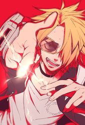  1boy :d black_hair blonde_hair blurry boku_no_hero_academia choker commentary_request depth_of_field foreshortening highres jacket kaminari_denki looking_at_viewer male_focus multicolored_hair open_mouth pointing pointing_at_viewer raurii red_background shirt simple_background smile solo spiked_hair streaked_hair sunglasses sweat t-shirt two-tone_hair v-neck v-shaped_eyebrows 