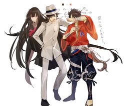  2boys ^_^ black_hair brown_hair cellphone closed_eyes commentary_request crossover fate/grand_order fate_(series) female floating gloves hat highres japanese_clothes koha-ace long_hair multiple_boys mutsu-no-kami_yoshiyuki neckerchief open_mouth oryou_(fate) phone red_eyes sakamoto_ryouma_(fate) sandals smartphone smile tears touken_ranbu translated tsugutoku very_long_hair white_gloves wiping_tears 