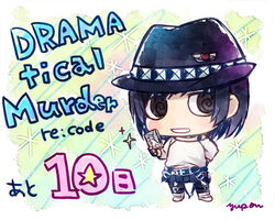  1boy @_@ belt black_eyes black_hair chibi copyright_name countdown dramatical_murder full_body hand_on_own_hip hat looking_at_viewer male_focus nitro+_chiral off-shoulder_shirt off_shoulder open_mouth sei_(dramatical_murder) shirt smile solo sparkle trilby yuupon 