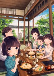  2boys 3girls ^_^ ^o^ aqua_shirt blunt_bangs blush bowl brown_eyes brown_hair chopsticks closed_eyes commentary_request cup eating family food glasses hair_bun hair_ornament hairclip holding holding_chopsticks holding_cup looking_at_viewer multiple_boys multiple_girls noodles original shirt short_hair short_sleeves shrimp shrimp_tempura single_hair_bun sitting smile star_(symbol) star_hair_ornament stone_lantern striped_clothes striped_shirt table tamaki_iori tatami tempura tray tree twintails vertical-striped_clothes vertical-striped_shirt wind_chime yunomi 