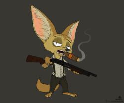  1920s 2016 3_toes anthro big_ears canid canine cigar clothed clothing disney feet fennec_fox finnick_(zootopia) fox fur gangster gun looking_at_viewer male mammal open_mouth ranged_weapon shotgun simple_background smoking solo standing suspenders text thatotherwhaleoil toes true_fox url weapon zootopia 