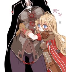  2girls ass_visible_through_thighs bad_id bad_pixiv_id belt black_cape blonde_hair breasts brown_jacket cape chains closed_mouth contrapposto hair_between_eyes head_out_of_frame hug jacket large_breasts long_hair lyza_(made_in_abyss) made_in_abyss mamaloni motion_lines multiple_girls ozen pants purple_eyes purple_pants simple_background standing whistle white_background 