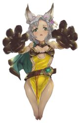  animal_ears animal_hands bad_link belt breasts cat_ears cat_paws cleavage dark-skinned_female dark_skin dress erune female flower gloves granblue_fantasy green_eyes grey_hair hair_flower hair_ornament highres looking_at_viewer melleau open_mouth outstretched_arms paw_gloves purupuru short_dress short_hair side_slit simple_background small_breasts solo white_background 