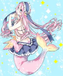  bad_id bad_pixiv_id bikini bikini_skirt blue_eyes breasts drill_hair female fins full_body gills hanafuda_yatsuwo head_fins large_breasts long_hair maid_headdress mermaid meroune_lorelei miniskirt monster_girl monster_musume_no_iru_nichijou pink_hair skirt smile solo swimsuit very_long_hair webbed_hands 