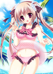  :d beach bikini blue_sky bracelet breasts brown_hair cloud commentary_request day female frilled_bikini frills headband highres himemiya_niina innertube jewelry long_hair medium_breasts open_mouth original outdoors photoshop_(medium) pink_bikini purple_eyes sky smile solo swim_ring swimsuit twintails v 