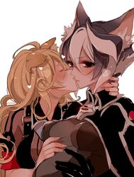  2girls animal_ears bad_id bad_pixiv_id black_cape black_eyes black_hair black_jacket blonde_hair blush breasts brown_gloves cape cat_ears closed_eyes covered_nipples dog_ears gloves groping heart jacket kemonomimi_mode kissing long_hair looking_at_viewer lyza_(made_in_abyss) made_in_abyss mamaloni medium_breasts multicolored_hair multiple_girls ozen short_hair simple_background sweatdrop two-tone_hair whistle white_background white_hair yuri 