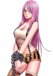  alone breasts chains cleavage female female jewelry_bonney lipstick long_hair one_piece pink_hair purple_eyes solo white_background 