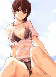  beach bikini black_bikini breasts brown_eyes brown_hair cleavage collarbone commentary_request duplicate dutch_angle female kaga_(kancolle) kantai_collection medium_breasts ocean ogros outdoors pixel-perfect_duplicate polka_dot polka_dot_bikini see-through shirt side_ponytail sitting solo swimsuit t-shirt wet wet_clothes wet_shirt 